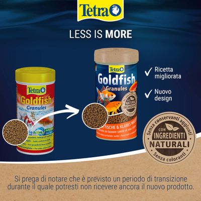 Tetra Goldfish Granules vecchio e nuovo design a confronto, ricetta migliorata, nuovo design, con componenti naturali, senza aggiunta di conservanti o coloranti.