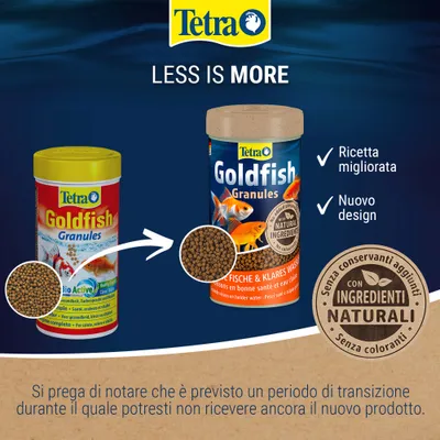 Tetra Goldfish Granules vecchio e nuovo design a confronto, ricetta migliorata, nuovo design, con componenti naturali, senza aggiunta di conservanti o coloranti. Tetra Goldfish Granules vecchio e nuovo design a confronto, ricetta migliorata, nuovo design, con componenti naturali, senza aggiunta di conservanti o coloranti.