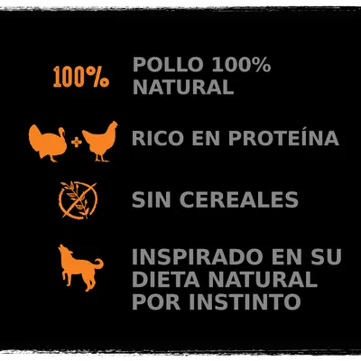 Pollo 100 % natural, rico en proteína, sin cereales, inspirado en su dieta natural por instinto. Texto y símbolos visibles en la imagen.