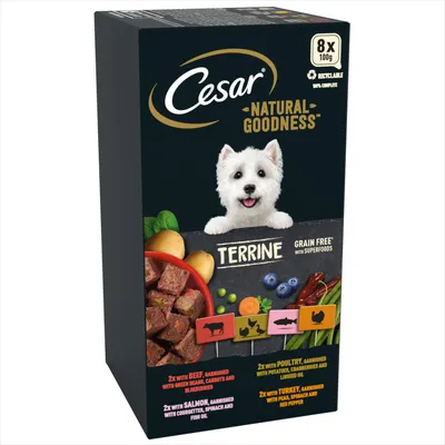 Cesar Natural Goodness Terrine, grain free with superfoods. 8 x 100g. Includes beef with green beans, carrots and blueberries; salmon with courgette, spinach and fish oil; poultry; turkey.