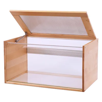 Holzterrarium mit Plexiglasfront und aufklappbarem Deckel aus Metallgitter, geeignet für Belüftung und Sichtbarkeit.
