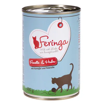Feringa kattemad dåse, tekst: Mit viel Liebe wie hausgemacht! Forelle & Huhn mit Kartoffel und Petersilie, 400 g. Illustration af kat og garnnøgle.