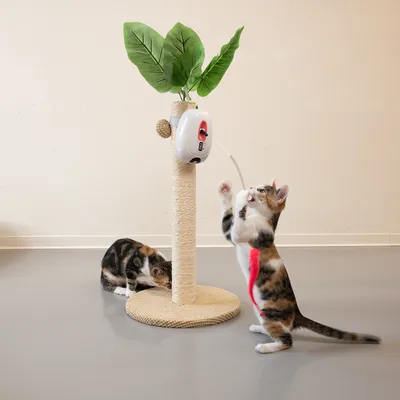 Klösträd med sisalstam, leksakshållare och konstgjorda blad. Två katter leker med det.