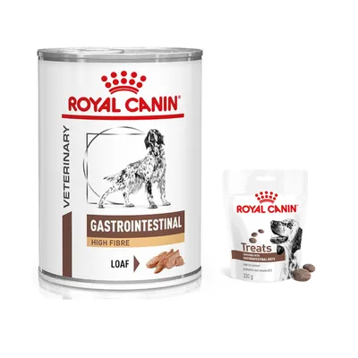 Royal Canin Veterinary Canine: karma mokra + Gastrointestinal Treats, 3 x 230 g (450 sztuk) gratis! - Gastrointestinal High Fiber Mousse, 12 x 410 g