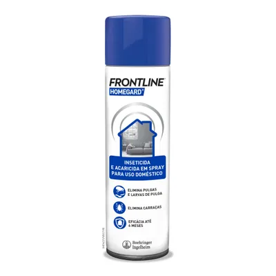 FRONTLINE HOMEGARD inseticida e acaricida em spray para uso doméstico. Elimina pulgas, larvas de pulga e carraças. Eficácia até 6 meses. Boehringer Ingelheim.