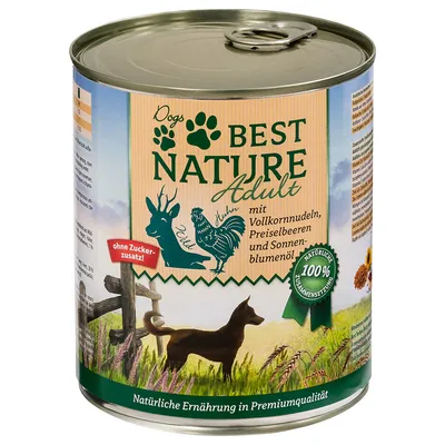 Boîte de nourriture pour chien Dogs Best Nature Adult, texte visible : ohne Zuckerzusatz!, 100 % natürliche Zusammensetzung, mit Vollkornnudeln, Preiselbeeren und Sonnenblumenöl.