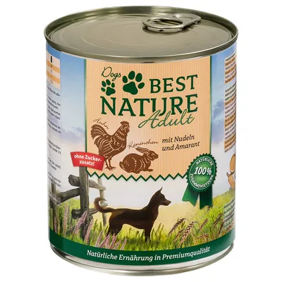 Dogs Best Nature Adult, chicken and rabbit with noodles and amaranth, no added sugar, natural nutrition in premium quality, 100% natural composition.