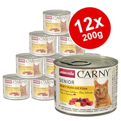 Pack of 12 Animonda Carny Senior cans, each 200g, beef and chicken with cheese, grain-free, made in Germany, 100% fresh ingredients, as shown on product packaging. Pack of 12 Animonda Carny Senior cans, each 200g, beef and chicken with cheese, grain-free, made in Germany, 100% fresh ingredients, as shown on product packaging.