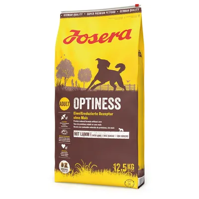Josera OPTINESS Adult, recette à teneur réduite en protéines sans maïs, avec agneau, sac de 12,5 kg. Texte multilingue visible sur l'emballage.