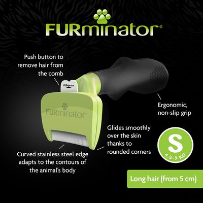 FURminator S méret, 4,5–9 kg, hosszú szőr (5 cm-től), ergonomikus markolat, rozsdamentes acél él, FURjector gomb, angol nyelvű feliratok a képen.