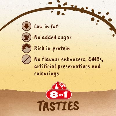 Low in fat, no added sugar, rich in protein, no flavour enhancers, GMOs, artificial preservatives or colourings. 8in1 Tasties.
