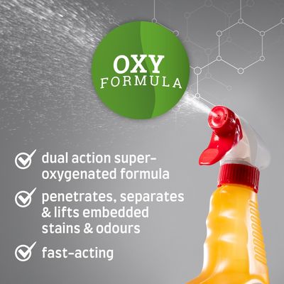 OXY FORMULA, dual action super-oxygenated formula, penetrates, separates & lifts embedded stains & odours, fast-acting. Tekst w języku angielskim.