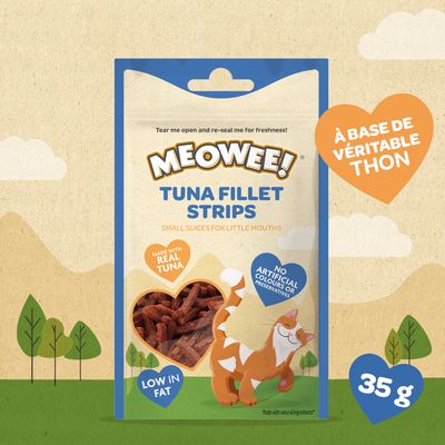 Sachet Meowee! Tuna Fillet Strips, tranches de filet de thon pour chats, 35 g. À base de véritable thon, faible en matières grasses, sans colorants ni conservateurs artificiels.