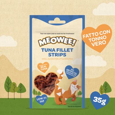 Meowee! Strisce di filetto di tonno. Pezzi piccoli per bocche piccole, realizzati con vero tonno. Senza coloranti o conservanti artificiali. A basso contenuto di grassi.
