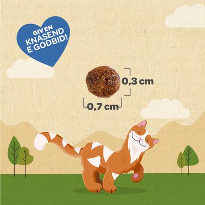 Meowee! Chicken Crunchy Bakes. Fremstillet med ægte kyllingebryst, uden kunstige farvestoffer eller konserveringsmidler. Indeholder taurin, et essentielt næringsstof for katte.