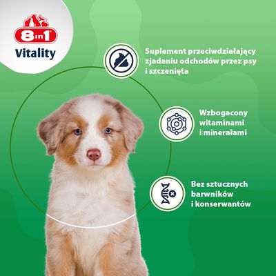 8in1 Vitality Deter Daily Supplement, suplement behawioralny, 100 tabletek. Zielona etykieta z wizerunkiem psa i symbolem przeciwdziałania niepożądanemu zachowaniu.
