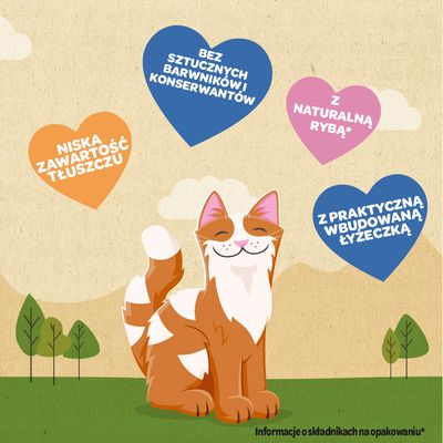 Meowee! Savoury Spoonables. Z prawdziwym tuńczykiem, bez sztucznych barwników i konserwantów, wbudowana łyżeczka dla mniejszego bałaganu. Ilustracja kota.