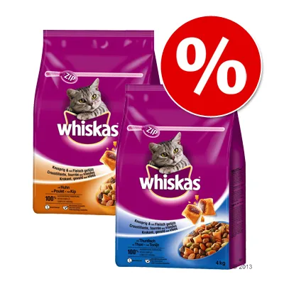 Dve vreči hrane za mačke Whiskas, ena s piščancem (Huhn), druga s tuno (Thunfisch), vsaka 4 kg. Rdeč simbol za popust z znakom %.
