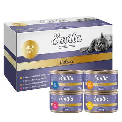 Smilla Deluxe blandpack kattmat, 4 sorter: kyckling med zucchini, tonfisk med tomat, kalkon med spenat, kalv med morot. Innehåll: 4 burkar à 85g.