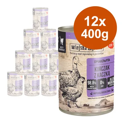 Lot de 12 boîtes Wiejska Zagroda pour chats adultes, 400 g chacune. Texte visible : Kurczak z kaczką, 98,8 % mięsa, 0 % zbóż, algi morskie spirulina, hipoalergiczna.