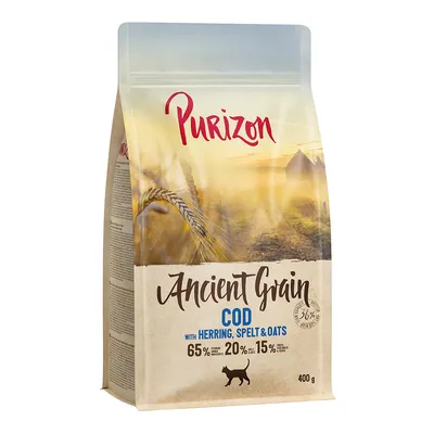 Purizon Ancient Grain COD with Herring, Spelt & Oats, 65 % animal ingredients, 20 % ancient grains, 15 % fruits & vegetables, 400 g. Silueta kočky na obalu.