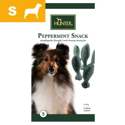Hunter Peppermint Snack dla psów, 5 sztuk, 90 g. Widoczny pies rasy Sheltie oraz miętowe przysmaki w kształcie liści. Rozmiar S podany w lewym górnym rogu opakowania.