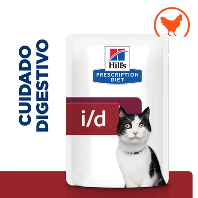Hill's Prescription Diet i/d para gatos, cuidado digestivo. Imagen de envase con texto 'CUIDADO DIGESTIVO' y símbolo de pollo en la esquina superior derecha.