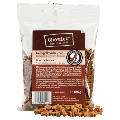 Chewies Training Mini Geflügelknöchelchen, Poultry bones, 125 g. Pussissa pieniä ruskeita koiranherkkuja. Teksti: mit Geflügel, with poultry. Näkyvissä ainesosat ja ravintosisältö.