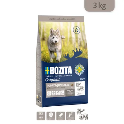 BOZITA Swedish Natural Quality Original Puppy & Junior XL with Lamb, 3 kg. 24 % protein, 13 % fat, wheat free. Ikoner: hjerneudvikling, optimal vækst, stærke knogler og led.