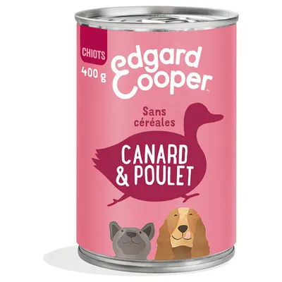 Blik Edgard & Cooper hondenvoer, 400 g, zonder granen, Canard & Poulet, tekst 'chiots', illustraties van hond en eend zichtbaar op het etiket.