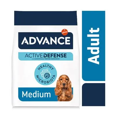 ADVANCE ACTIVE DEFENSE Medium Adult, tekst: Healthy Microbiota. Verpakking met afbeelding van een hond en blauwe accenten. ADVANCE ACTIVE DEFENSE Medium Adult, tekst: Healthy Microbiota. Verpakking met afbeelding van een hond en blauwe accenten.