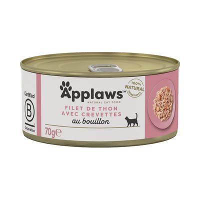 Lot de 48 boîtes Applaws Natural Cat Food, Tuna Fillet with Prawn in broth, 70 g chacune. Texte visible : 100 % natural ingredients, Certified B Corporation.