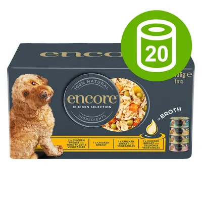 Encore Chicken Selection, 20 dåser à 156g. Varianter: kyllingebryst med tunfilet og grøntsager, kyllingebryst, kyllingebryst med grøntsager, kyllingebryst med laks og grøntsager.