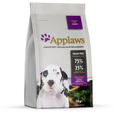 Applaws Hundefutter für grosse Rassen, Geschmacksrichtung Huhn, getreidefrei, 75% Huhn, 25% Gemüse und natürliche Extrakte, 15kg Packung.