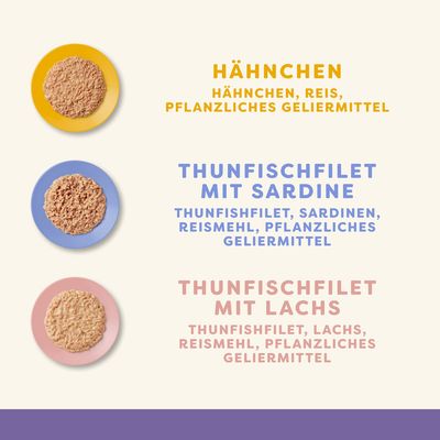 Drei Sorten: Hähnchen mit Reis und pflanzlichem Geliermittel, Thunfischfilet mit Sardine und Reismehl, Thunfischfilet mit Lachs und pflanzlichem Geliermittel.