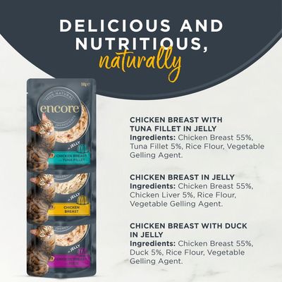 Encore Chicken Selection in Jelly, 100% natural ingredients. Contains 2x chicken breast, 2x chicken breast with duck, 1x chicken breast with tuna fillet. Pack of 20 portions.