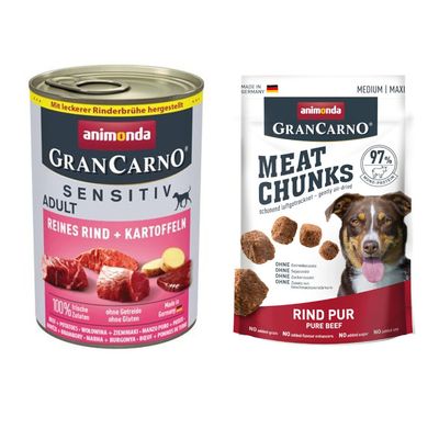 Animonda GranCarno: Adult Sensitive, 6 x 400 g + Meat Chunks Medium / Maxi, wołowina, 80 g gratis! Wołowina i ziemniaki, 6 x 400 g