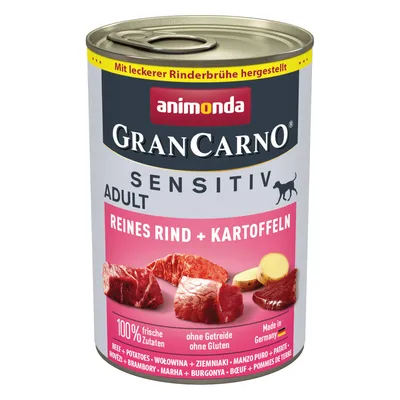 animonda GranCarno Sensitiv Adult, Reines Rind + Kartoffeln, 100 % frische Zutaten, sans céréales ni gluten, Made in Germany, bœuf et pommes de terre visibles sur l’étiquette
