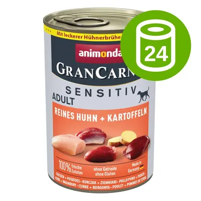 animonda GranCarno Sensitiv Adult, Reines Huhn + Kartoffeln, 100% świeże składniki, bez zbóż i glutenu, zestaw 24 puszek. Widoczne kawałki kurczaka i ziemniaków na etykiecie. animonda GranCarno Sensitiv Adult, Reines Huhn + Kartoffeln, 100% świeże składniki, bez zbóż i glutenu, zestaw 24 puszek. Widoczne kawałki kurczaka i ziemniaków na etykiecie.