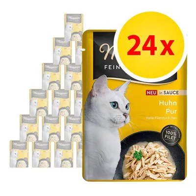 Miamor Feine Filets Huhn Pur in salsa, confezione da 24 bustine. Testo visibile: 'NEU in SAUCE', 'Huhn Pur', '100% FILET', '24x'. Immagine di un gatto e filetti di pollo. Miamor Feine Filets Huhn Pur in salsa, confezione da 24 bustine. Testo visibile: 'NEU in SAUCE', 'Huhn Pur', '100% FILET', '24x'. Immagine di un gatto e filetti di pollo.