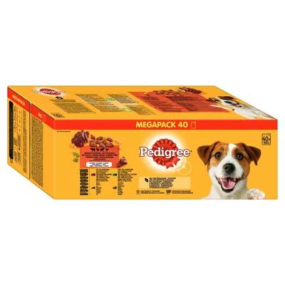 Pedigree Megapack 40, vådfoder til hunde, 40 x 100g. Ingredienser og næringsindhold synlige på emballagen.