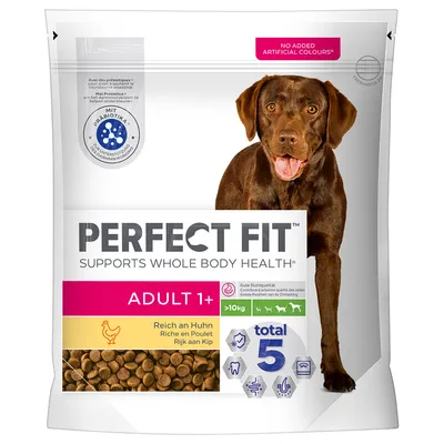 Perfect Fit Adult 1+ hundefoder, rig på kylling, til hunde over 10 kg. Understøtter hele kroppens sundhed. Uden kunstige farvestoffer.
