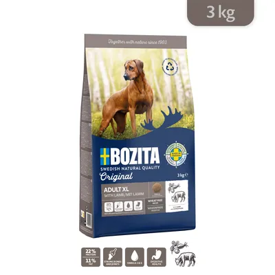 BOZITA Original Adult XL with Lamb koiranruoka, 3 kg pussi. Tekstit: 22 % proteiinia, 11 % rasvaa, vahvat luut ja nivelet, omega 3 & 6, ruoansulatus, vehnätön.