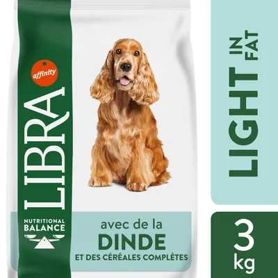 Libra Nutritional Balance avec de la dinde et des céréales complètes, light in fat, 3 kg, affinity. Sac avec photo d’un chien.