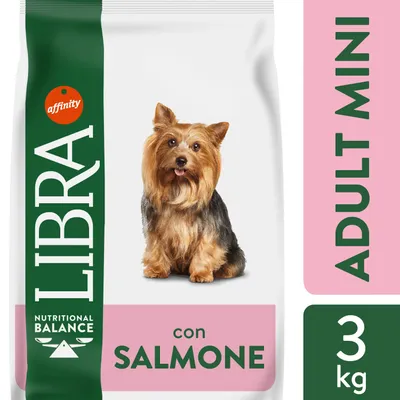 Confezione di crocchette per cani Libra Nutritional Balance con salmone, Adult Mini, 3 kg, marchio affinity. Immagine di un cane di piccola taglia sulla confezione.