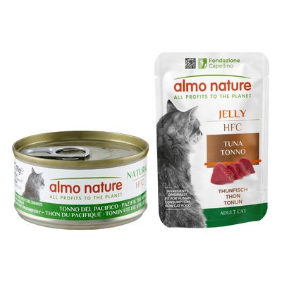 almo nature HFC Jelly Filete de atún con langosta, lata y sobre, inscripción: Todos los beneficios para el planeta, Gato adulto, 100% de los beneficios para la naturaleza.
