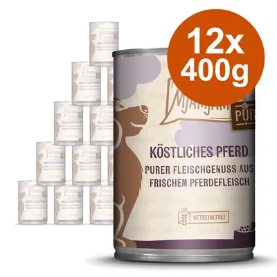 MjAMjAM ízletes lóhús, tiszta húsélvezet friss lóhúsból, gabonamentes. Csomag: 12x400g. MjAMjAM ízletes lóhús, tiszta húsélvezet friss lóhúsból, gabonamentes. Csomag: 12x400g.