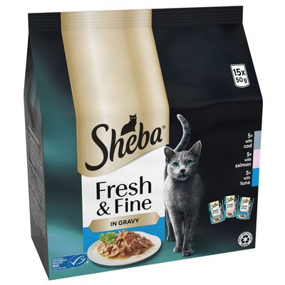 Sheba Fresh & Fine in Gravy, 15 x 50g pouches with 5 chicken, 5 poultry, and 5 turkey. Image shows product packaging and a plate of food.