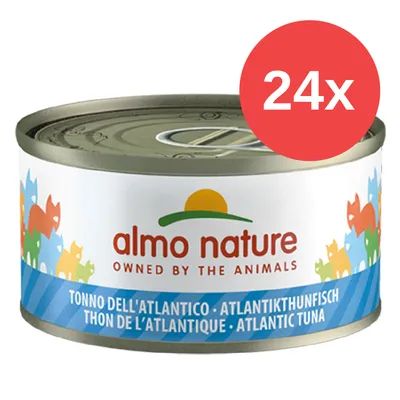 Almo Nature tuńczyk atlantycki, 24x puszki. Opakowanie z kolorowymi motywami kotów i widoczną nazwą produktu.