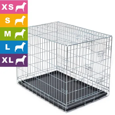 Cage pour chien en métal avec plateau amovible, tailles disponibles XS, S, M, L, XL indiquées par pictogrammes de chiens sur fond coloré à gauche de l’image.
